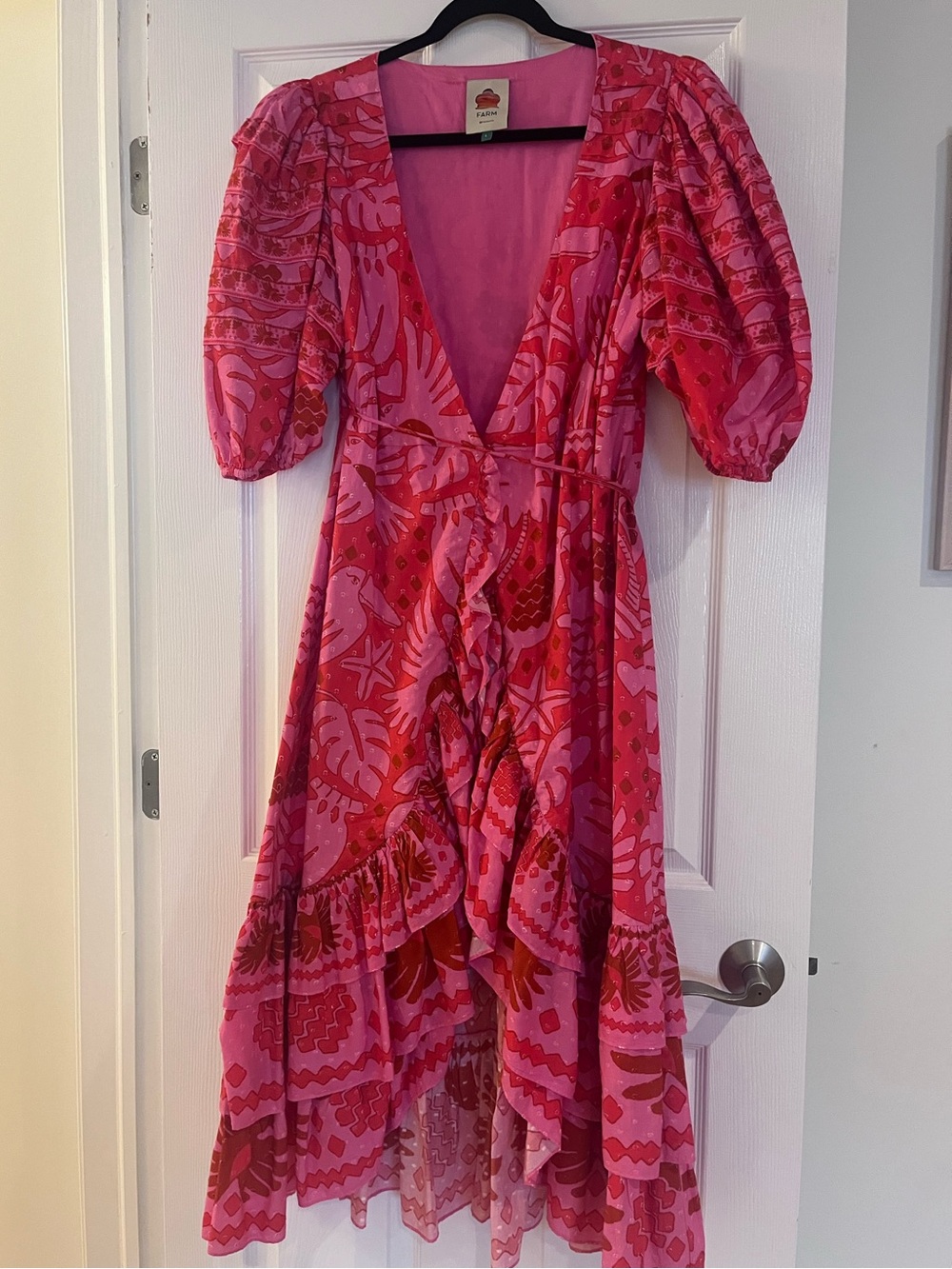FARM Rio Pink and Red Ruffled + Tropical Print V-Neck Midi Dress